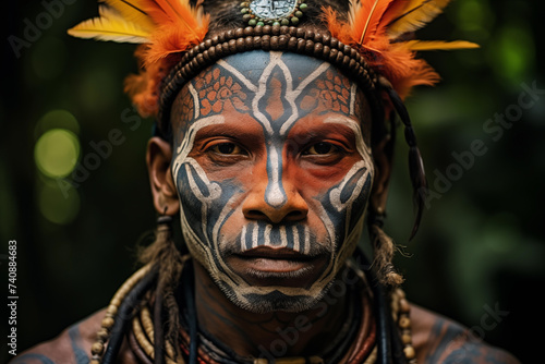 Native american warrior with paint and traditional clothes