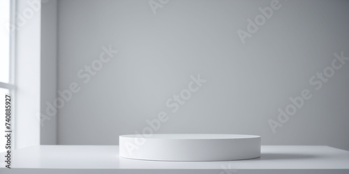 Abstract white stand for product presentation on white background, empty room with shadows.