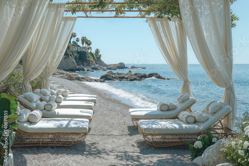 Oceanfront cabana with sheer curtains on sandy beach. Relaxation and retreat concept
