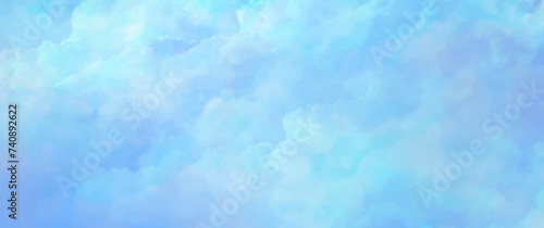 Blue vector watercolor art background with white clouds and blue sky. Hand drawn vector texture. Heaven. Watercolour banner. Abstract template for flyers, cards, poster, cover or design interior. 