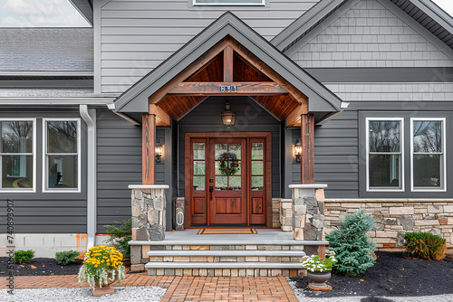 A grey modern farmhouse front door with a covered porch, wood front door with glass window, and grey vinyl and wood siding. 
