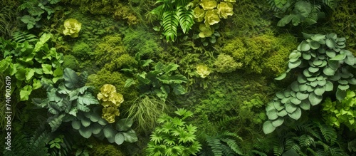 A close up of a wall covered in lush green plants, including various terrestrial plants, groundcovers, grasses, trees, flowering plants, and shrubs, creating a beautiful natural landscape.