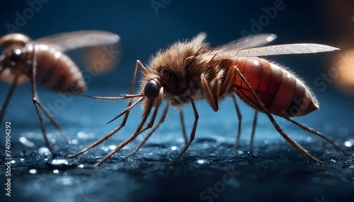 Two waterrelated insects, arthropods with electric blue membrane wings, are standing next to each other on a table. They are likely pests and parasites known for causing annoyance