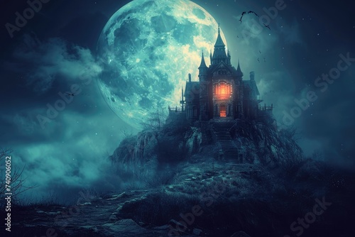 A photo of a majestic castle situated on a hill, with a full moon shining brightly in the background, Glowing haunted mansion on a hill overlooked by a full moon, AI Generated