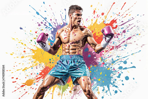 Boxer in action on a grunge background. Illustration of a boxer in action with colorful splash background. Portrait of an athletic male boxer with boxing gloves. 