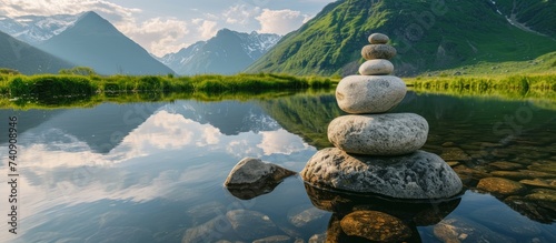 Tranquil scene of rock stack peacefully perched on top of serene lake