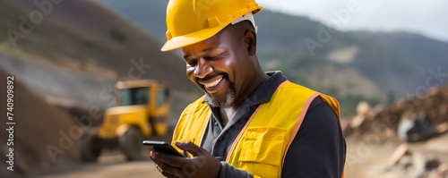 Black African construction worker using digital tablet in open pit mine quarry. Concept Construction Worker, Digital Tablet, Open Pit Mine, Quarry, African Worker