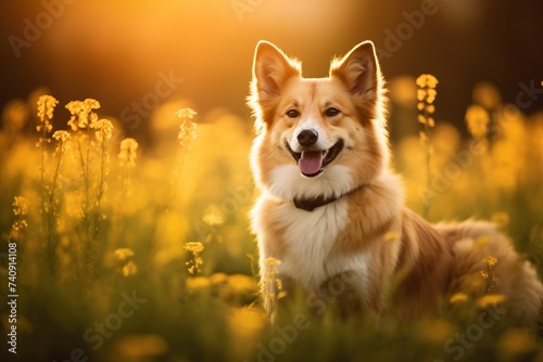 Icelandic sheepdog sitting in meadow field surrounded by vibrant wildflowers and grass on sunny day ai generated