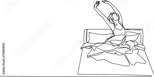continuous single line drawing of woman stretching in bed after waking up, line art vector illustration