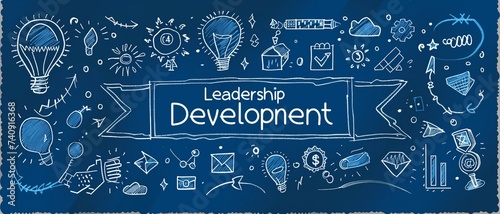 a banner where the text "Leadership Development" is displayed as a blueprint. with icon , symbols, and imagery representing the various components of leadership growth.