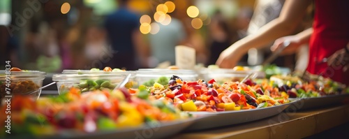 Individuals enjoying a variety of colorful fruits vegetables and meats at a buffet. Concept Food Spread, Buffet Dining, Catering Feast, Colorful Cuisine, Enjoying Culinary Delights
