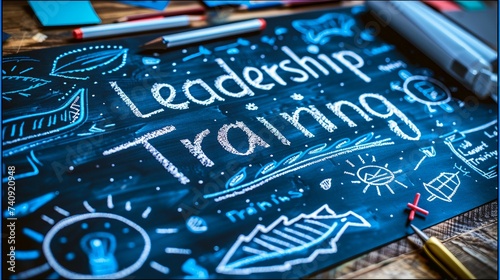 a banner where the text "Leadership Training " is displayed as a blueprint. with icon , symbols, to convey the energy and enthusiasm associated with leadership training and development.