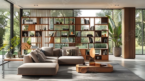 A bookshelf integrated into a room divider, serving as both a functional storage solution and a design element that defines separate living spaces within an open, concept layout