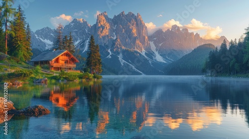 Calm morning view of Fusine lake. Colorful summer sunrise in Julian Alps with Mangart peak on background