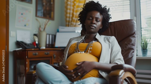 Expectant african-american mother holding belly in a cozy home office setting, casual style, maternity concept. AI