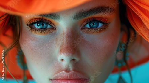 close up portrait fashionable woman wearing pop style make up, summer bright orange fashion background, Generative Ai