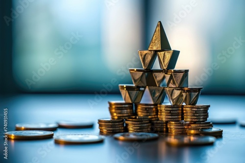 A pile of various denomination coins forming a stack with a small pyramid balancing on top, House of cards representing risky investment scenarios, AI Generated