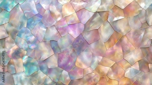 A seamless texture of mother of pearl mosaic tiles, reflecting light in a spectrum of colors for an opulent and sophisticated background. 8k