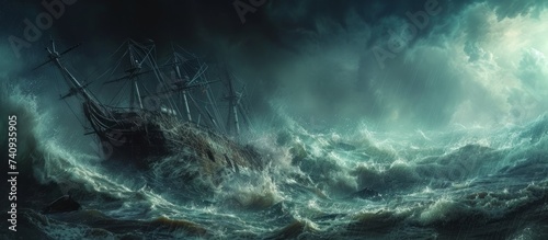 A depiction of a ship battling fierce winds and massive waves in the midst of a storm at sea, with dark clouds and turbulent waters creating a dramatic atmosphere