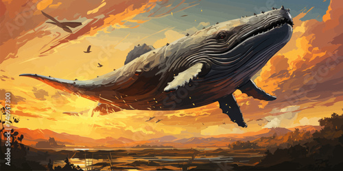 fantasy scenery of a giant whale flying above city against sunset sky, digital art style, illustration painting -