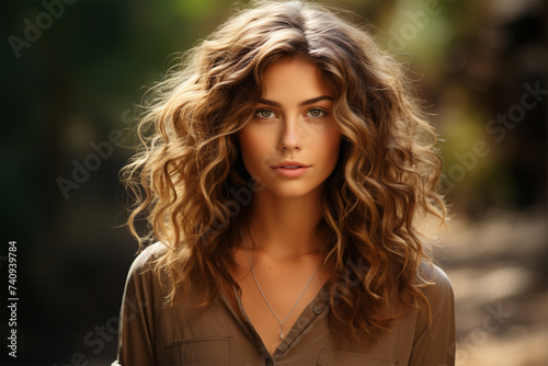 Woman with curly hair outdoors.Natural Beauty Portrait. 