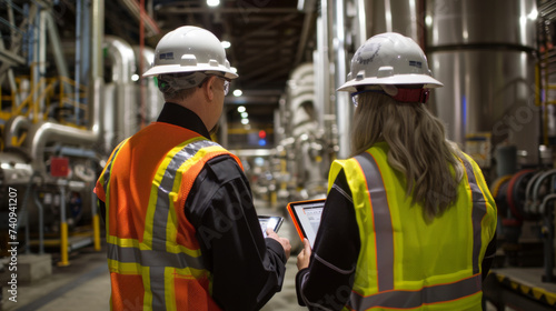 Two industry professionals in safety gear are inspecting a manufacturing plant using a digital tablet.