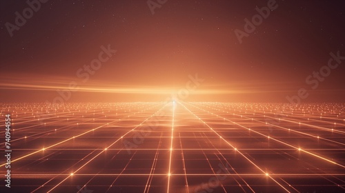A 3D rendering of a digital grid extending towards the horizon, with glowing nodes connected by lines, symbolizing network connections, and ample copy space on the side. 8k