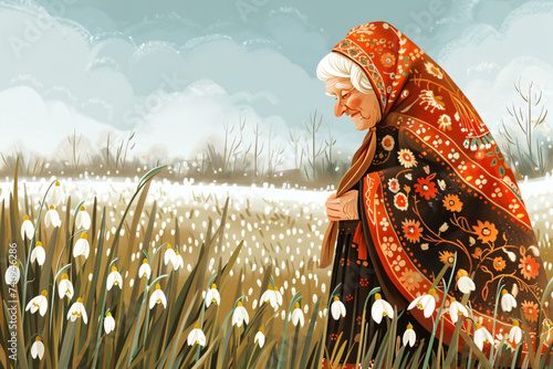 Grandmother Marta on spring field with snowdrops. Baba Marta Day, Martenitsa. Moldovan Romanian and Bulgarian spring meeting holiday concept 