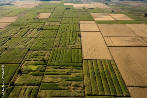 An aerial view reveals the patchwork beauty of rectangular agricultural plots in varying shades of green and gold