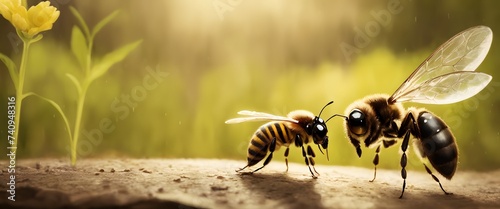 Two honeybees, pollinating insects and valuable arthropods, are perched next to each other on a rock in a natural landscape surrounded by grass and wood