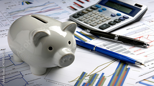 A piggy bank sits next to a calculator and financial charts on a wooden desk, symbolizing personal savings and financial planning.