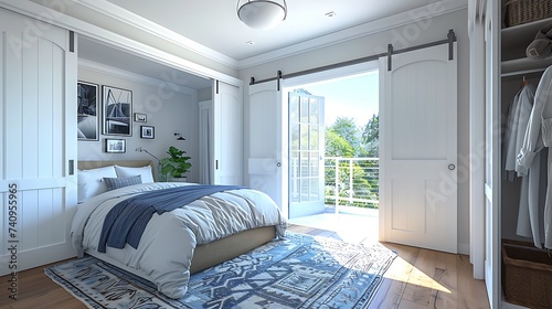 Modern Scandinavian bedroom with sliding pocket doors leading to a walk, in closet