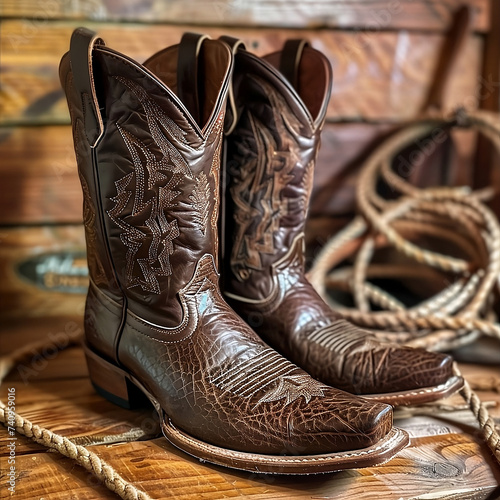 Cowboystiefel, braun, leder, paar, western, stil, lasso, seil im hintergrund, holzwand, cowboy boots, brown, leather, pair, western, style, lasso, rope in background, wooden wall