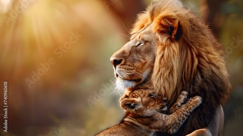 This proud male aftican lion is cuddled by his cub during an affectionate moment.