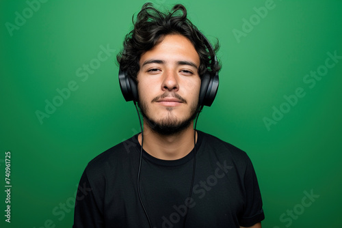 Young Latin man wearing headphones on a green background listening to his favorite music