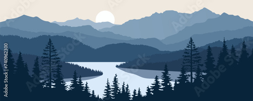 Silhouettes of mountains in the fog. Landscape overlooking a mountain lake with silhouettes of mountains and pine forest at sunrise or sunset.