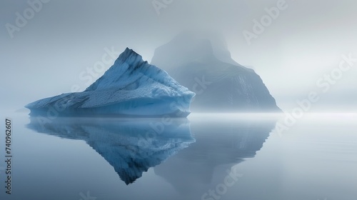 The sea mirrored a blue iceberg, and mountains emerged from the mist. Joekulsarlon, glacial lagoon, Europe, Scandinavia, Iceland