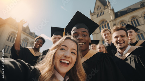 Group of students stands in front of the university building on graduation day. The first step of successful in adult life. Cheerful graduates pose for a selfie.