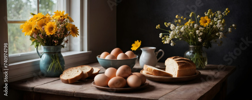 Easter preparations. Easter eggs, easter bread, butter, green branches and yellow spring flowers on rustic wooden table near window. Traditional Easter Food. Wide banner