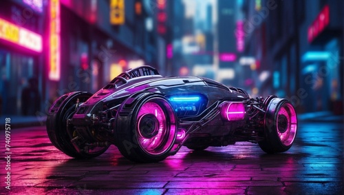 Shiny futuristic sports car on a blurred cyberpunk city street background with bright neon lights. Bokeh effect. Future concept.