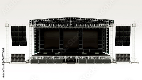 Stage for a rock concert, with metal structures and instruments, 3d rendering