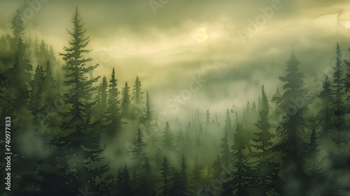 A watercolor depiction of a foggy forest at dusk, with green pines shrouded in mist.