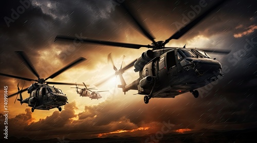 Military gunship helicopters flying with a dramatic sky in the background, showcasing the strength and readiness of armed forces.