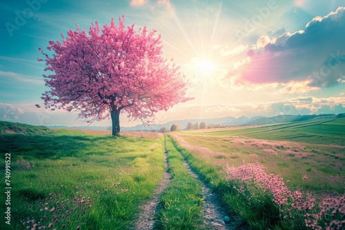 a pink tree is lined with green grass and grass in sun Generative AI