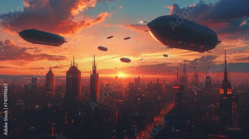 Multiple flying saucers flying over a city during sunset, A sunset over a bustling cityscape with blimps floating in the sky, AI Generated