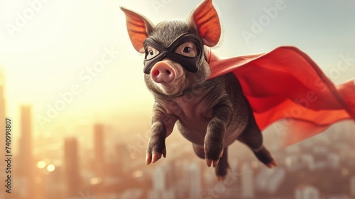 Superhero piggy, black pig with a black cloak and mask flying on light background with copy space.