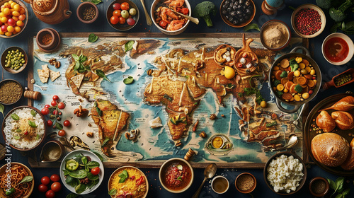 A culinary map of a continent with dishes and ingredients representing each countrys cuisine