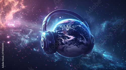 A cosmic symphony: earth with headphones in space illustration. digital art for music and sci-fi lovers. perfect for backgrounds. AI