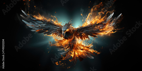 Phoenix bird, reborn from the ashes, is engulfed in flames