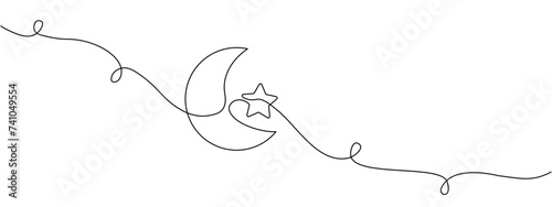 Line drawing of moon with star. Muslim symbol in style of continuous editable linear drawing.Vector illustration